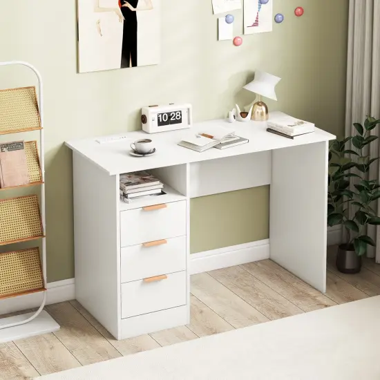 White Home Office Desk with Power Outlet 3 Storage Drawers and Open Compartment {3}