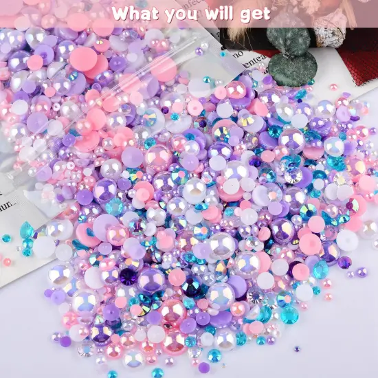 75g Mix Resin Pearls Rhinestones Kit, 3-10mm Half Pearls and 2-6mm Flatback Rhinestones for Nail Art Decoration Shoes Clothes Tumblers Scrapbooking Craft DIY (Purple Pink White) {3}