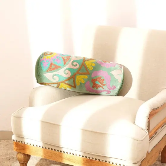 Decorative Cotton Printed & Embroidered Bolster Pillow {2}
