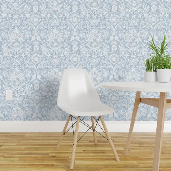 Pre-Pasted Wallpaper 2FT Wide Blue Coastal Damask Seashells Beach Ocean Traditional Serene Botanical Custom Pre-pasted Wallpaper by Spoonflower {1}