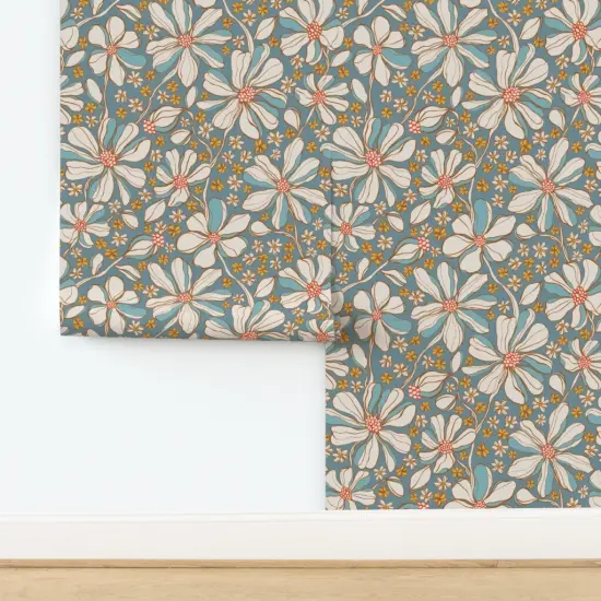 Peel & Stick Wallpaper 2FT Wide Blue Boho Floral Retro Botanical Garden Bloom Meadow Wildflower Large Scale Custom Removable Wallpaper by Spoonflower {2}