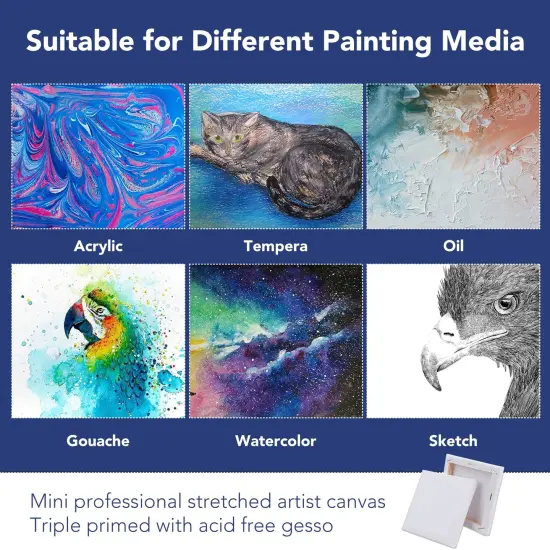 Mini Stretched Canvas 12 Pack 4x4inch, 2/5''Profile Art Primed Canvases for Painting, 100% Cotton Small Professional Stretched Canvas for Kids and Art Supplies,for Acrylics,Oils&Other Painting. {5}