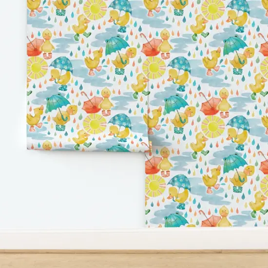 Peel & Stick Wallpaper 2FT Wide Baby Duck Rainy Days Muddy Puddles Welly Boots Puddle Jumping Blue Yellow Custom Removable Wallpaper by Spoonflower {2}