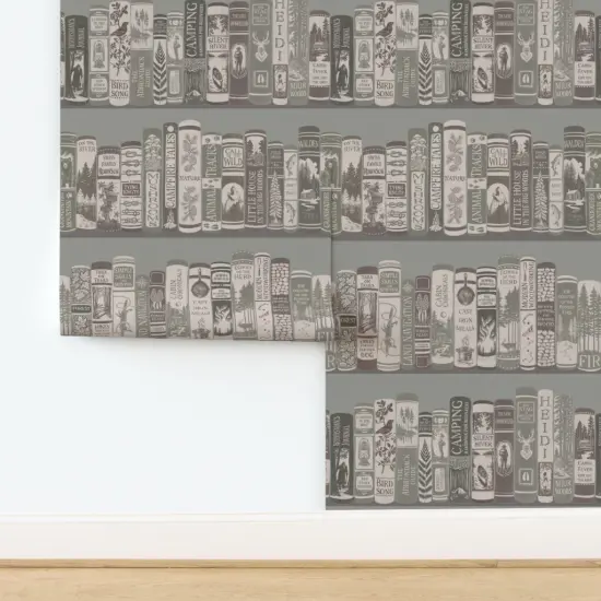 Peel & Stick Wallpaper 2FT Wide Rustic Monochrome Books Woods Reading Gray Green Classic Literature Custom Removable Wallpaper by Spoonflower {2}