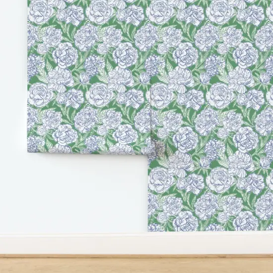 Peel & Stick Wallpaper 2FT Wide Blue Preppy Floral Peony Flowers Green Botanical Modern Lines Garden Spring Grandmillennial Custom Removable Wallpaper by Spoonflower {2}