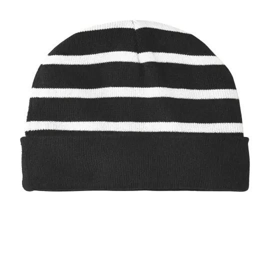 Sport-Tek&reg; Striped Beanie with Solid Band Black/ White {1}