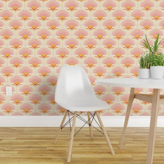 Pre-Pasted Wallpaper 2FT Wide Floral Exotic Tropical Palm Botanical Geometric Pink Scallop Fish Scale Maximalism Midcentury Modern Small Flower Dots Hand Drawn Custom Pre-pasted Wallpaper by Spoonflower {1}