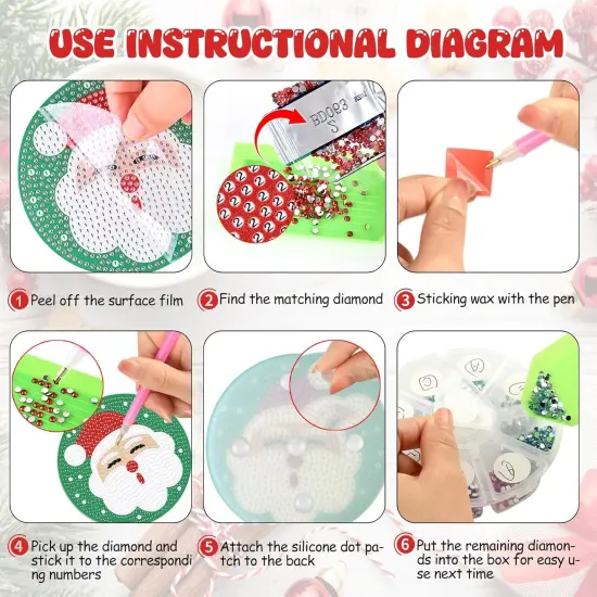 Diamond Coasters Art Painting Kit, 8pcs Diamond Christmas Art Coasters with Holder {4}