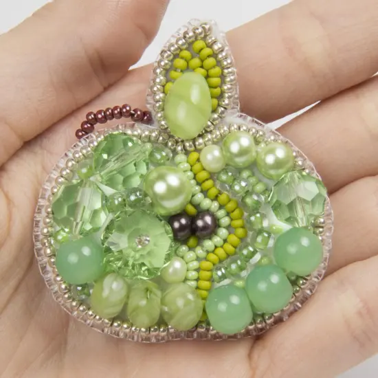 Beadwork kit for creating brooch Crystal Art Green apple BP-256C {2}
