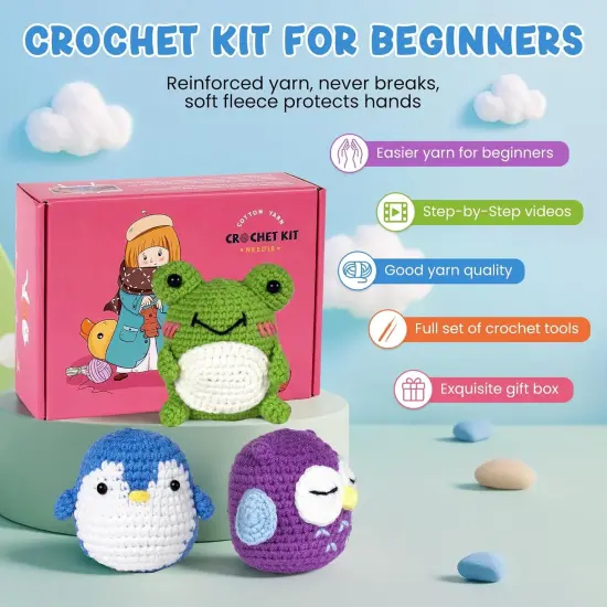 Crochet Kit for Beginners - 3 Pattern Animals Owl, Penguin and Frog {3}