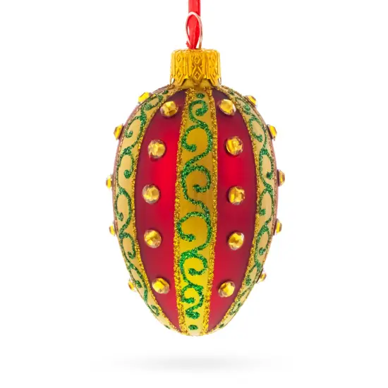 Red and Gold with Green Swirls and Jewel Accents Mini Glass Egg Ornament 2.9 Inches {3}