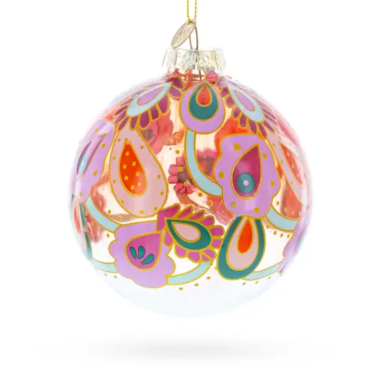 Bohemian Paisley Design Floral Glass Ball Christmas Ornament {1}