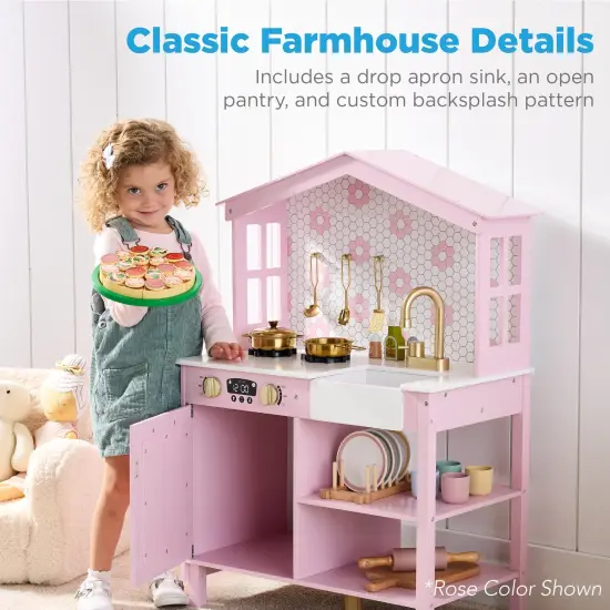 Best Choice Products Pretend Play Wooden Farmhouse Kitchen Set w/ Storage, Clicking Knobs, 5 Accessories Cream {2}