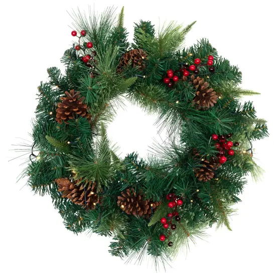 Northlight Pre-Lit Battery Operated Mixed Pine and Berries Christmas Wreath - 24" - Warm White LED Lights Green {3}