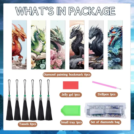 6 Pc Dragon Diamond Painting Kits Bookmarks for Adults {2}