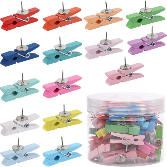 50Pcs Wooden Clips Push Pins Tacks for Cork Board Artwork {1}