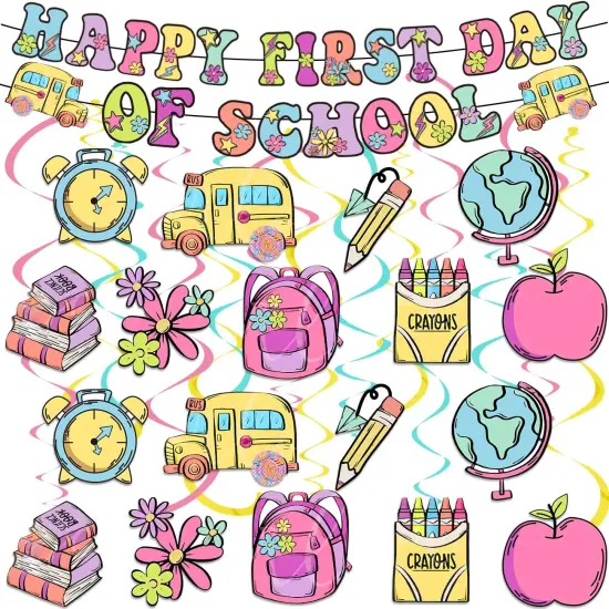 Happy First Day of School Banner, 59pcs Welcome Back to School Party Decorations for Classroom Hanging Swril 1st Day of School Classroom Party Supplies {1}
