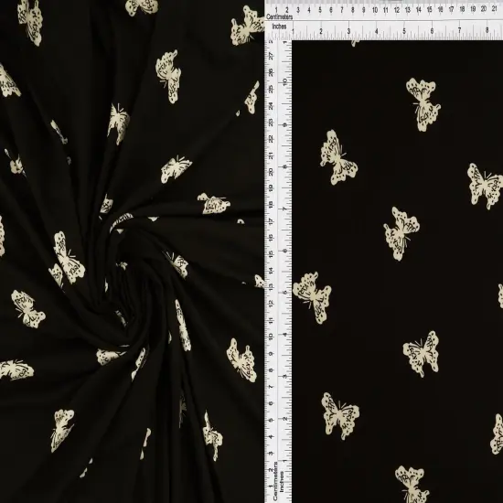 1 Yard DTY Brushed Butterfly Print Fabric, 170 GSM Polyester Spandex Blend 58/60" Width BLACK {1}