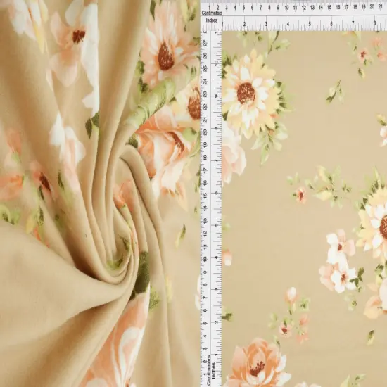 Elegant Floral Bloom Brushed DTY Knit Fabric Lightweight Stretch 58/60" Wide SAND {6}