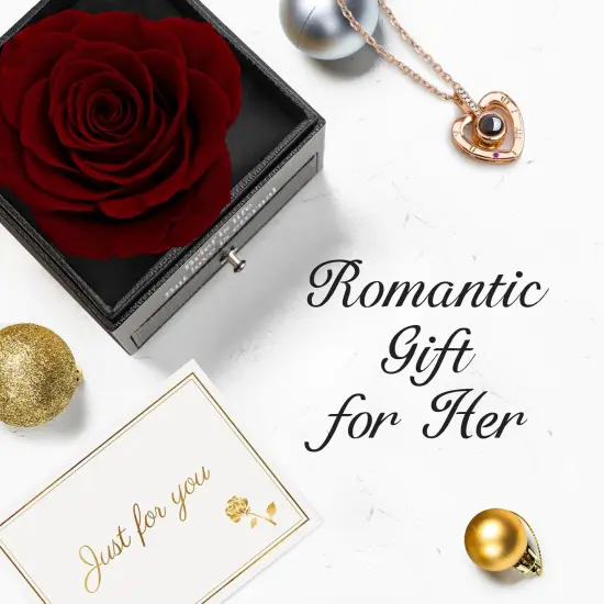 Her Preserved Real Rose with I Love You Necklace in 100 Language {3}