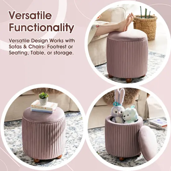 Modern Dusty Pleated Velvet Upholstered Storage Ottoman or Accent Stool with Rubberwood Ball Feet Pink {9}