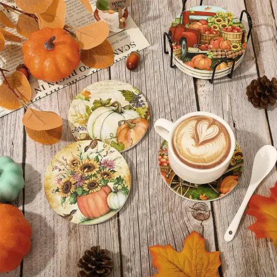 6Pcs Fall Ceramic Coasters with Holder Pumpkin Truck Sunflower {5}