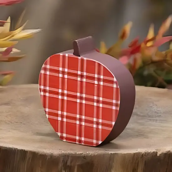 Wood Apple Mini Chunky Sitter with Plaid Print and Freestanding Design {2}