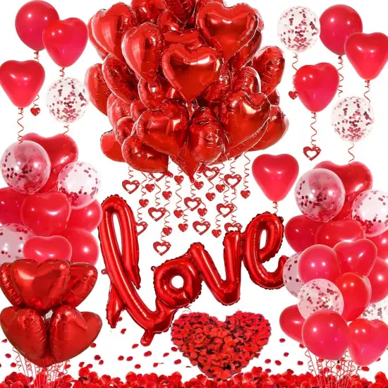 Red Party Decorations - Heart Balloons, Love Balloon & Rose Petals {1}