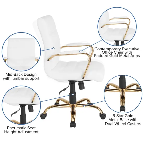 Merrick Lane Milano Contemporary Mid-Back Home Office Chair with Padded Arms WhiteFxLea/GoldFrame {4}