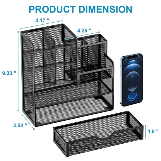 Marbrasse Mesh Pen Holder for Desk, Multi-Functional Pencil Organizer with Drawer, Desk Organizers and Accessories for Office Art Supplies (Black) {3}