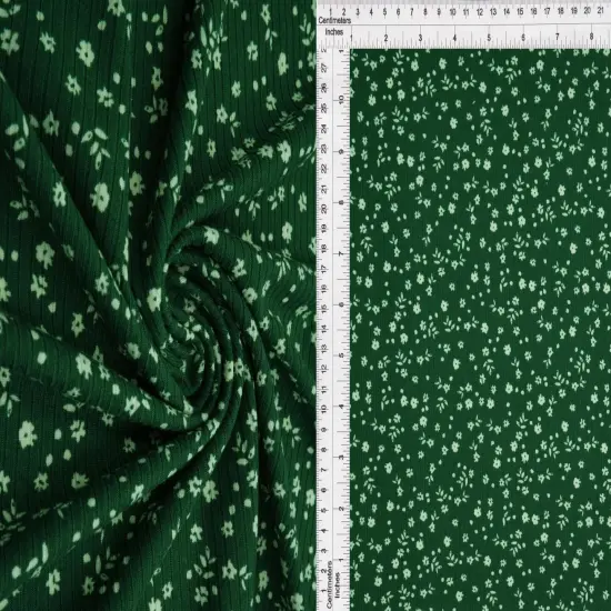 1 Yard Green 4X2 Yummy Rib Ditsy Floral Flower Stretch Knit Fabric 58/60 Inches Wide {4}