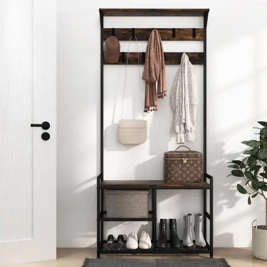 Costway 3-in-1 Coat Rack Industrial Hall Tree Shoe Bench Entryway Storage Shelf with Hooks {2}