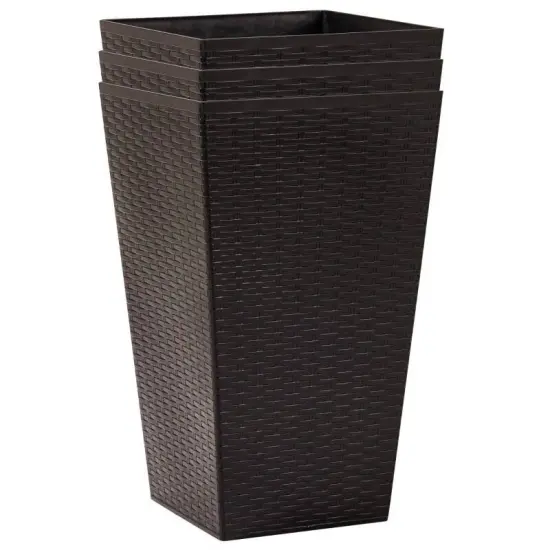 Set of 3 Tall Faux Rattan Flower Pots Stackable Indoor Outdoor Planters with Drainage Hole Brown {2}