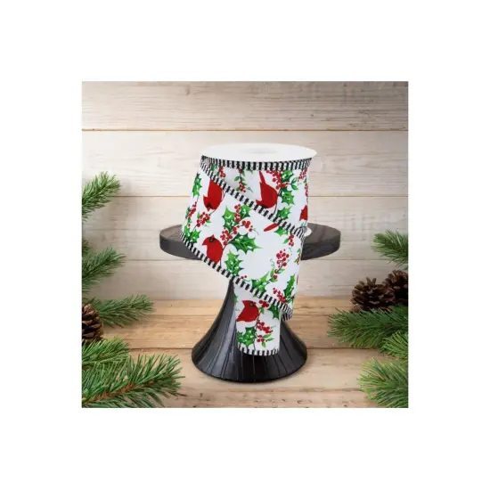 2.5" Cardinal Holly Berry Stripe Edge Ribbon: White (10 Yards) {3}