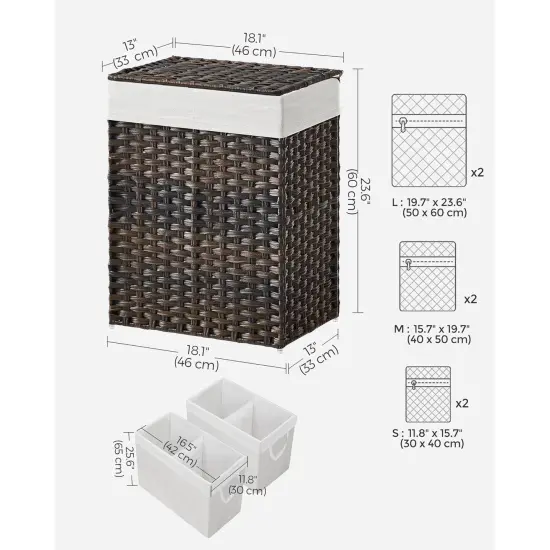 Brown Plastic Rattan Laundry Hamper with Dual Compartments, Liners and Bag {3}
