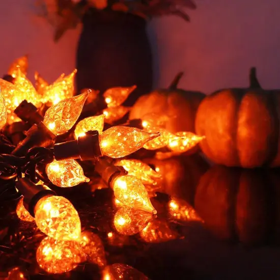 70 LED C5 Diamond-Cut Glass Bulbs, Orange Halloween Lights Outdoor {4}