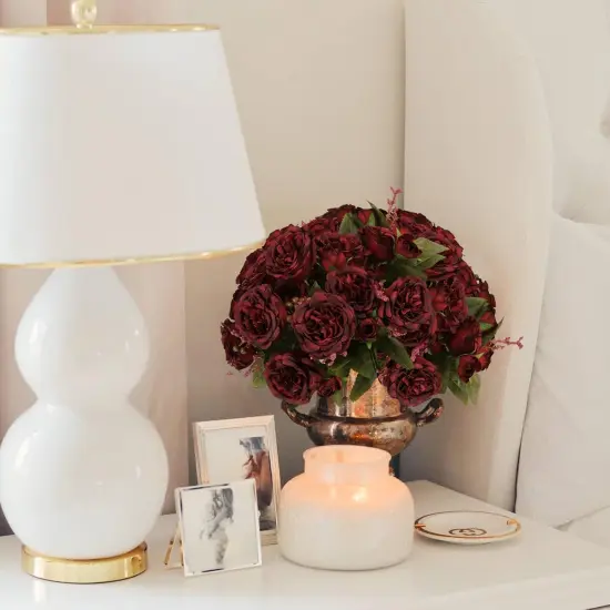 Artificial Peonies Silk Flowers, Burgundy Faux Peony Bouquet 4 Bundles Florals {6}
