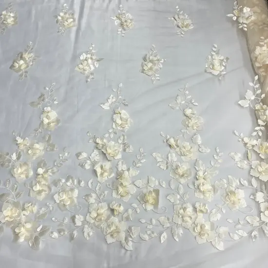 1 Yard 3D Floral Lace Fabric Embroidered Soft Tulle Net Mesh Wedding 50" Width Ivory {1}