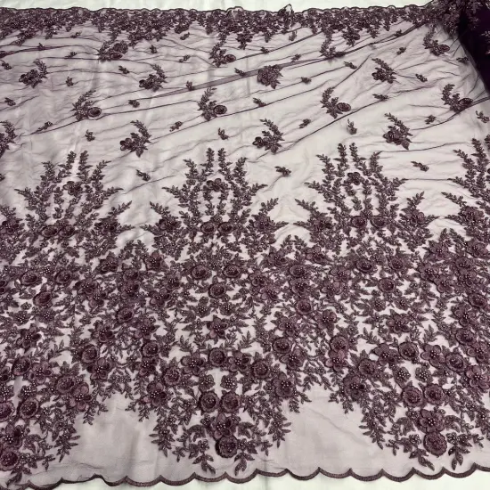 1 Yard Beaded 3D Floral Lace Fabric Embroidered on 100% Polyester Net Mesh, Plum, 54" Width, Elegant Fabric for Dresses & Crafts {1}