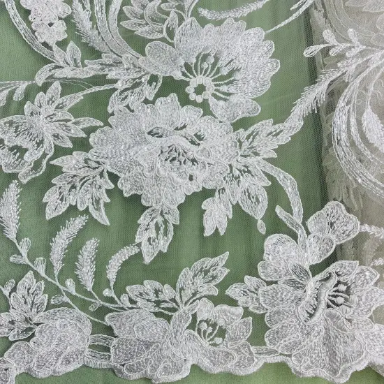 1 Yard Luxurious Corded and Sequined Bridal Lace Fabric Embroidered on 100% Polyester Net Mesh 54" Width Silver {6}