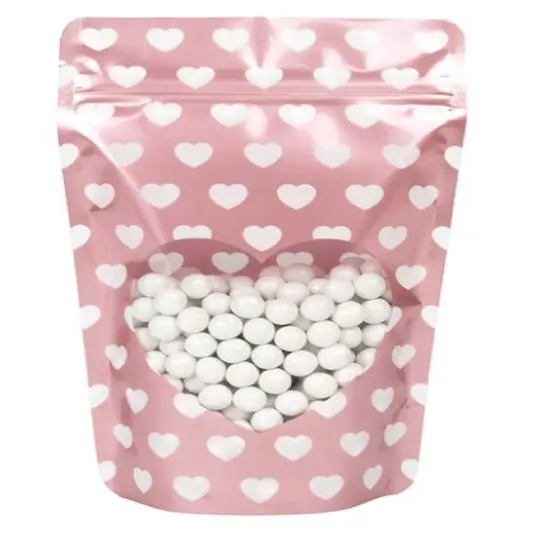 Rose Gold Stand Up Zipper Pouch with White Mini Hearts 5 1/8" x 3 1/8" x 8 1/8" 25 pack ZBGSW3WH {1}