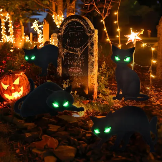 4 PCS Halloween Decorations Outdoor Scary Black Cat with LED Lights Glow Eyes {2}