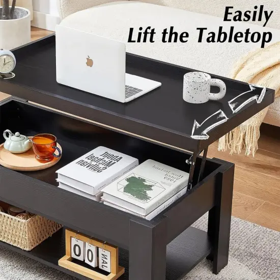 Modern Adjustable Lift Top Coffee Table with Hidden Storage Shelf for Living Room and Office Black {4}