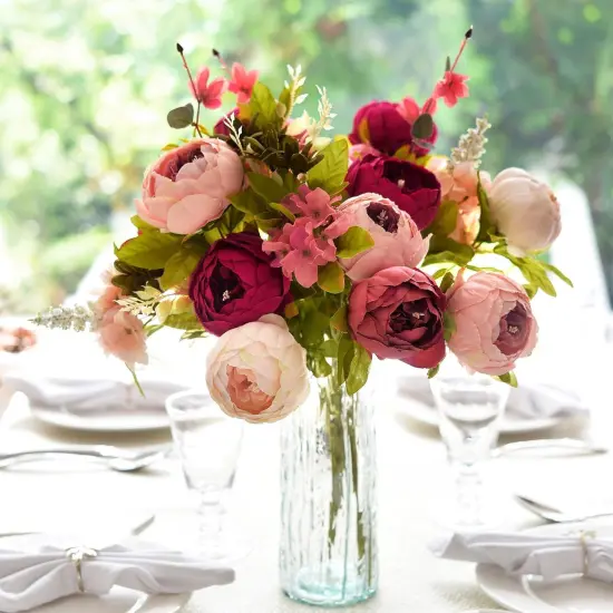 Pinkish Red and Dusty Pink Vintage Artificial Peonies Silk Flowers and Hydrangeas for Wedding Bridal {4}