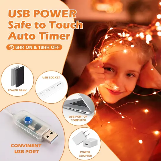 Orange USB Fairy String Lights, 33ft 100 LED with Remote & Timer {4}