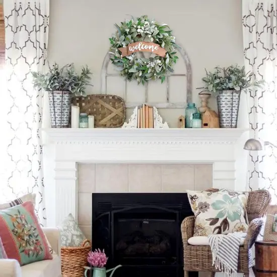 22 Inch Spring Everyday Lamb Ears Leaves Wreath with White Wild Flowers and Berries for Front Door, Welcome Wood Sign Green Leaves Wreath for Indoor Outdoor, Everyday Leaves Wreath {3}