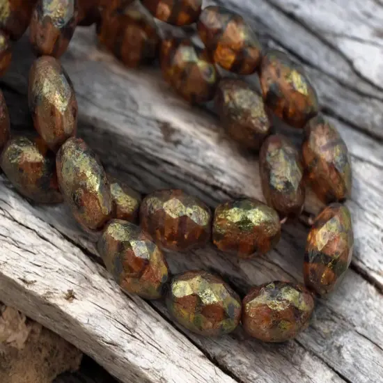 *12* 12x8mm Etched Brown Amber Picasso Faceted Oval Beads {3}