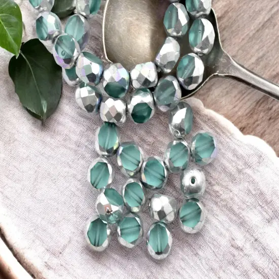*15* 8mm Silver Washed Aqua 2 Cut Fire Polished Round Beads {1}