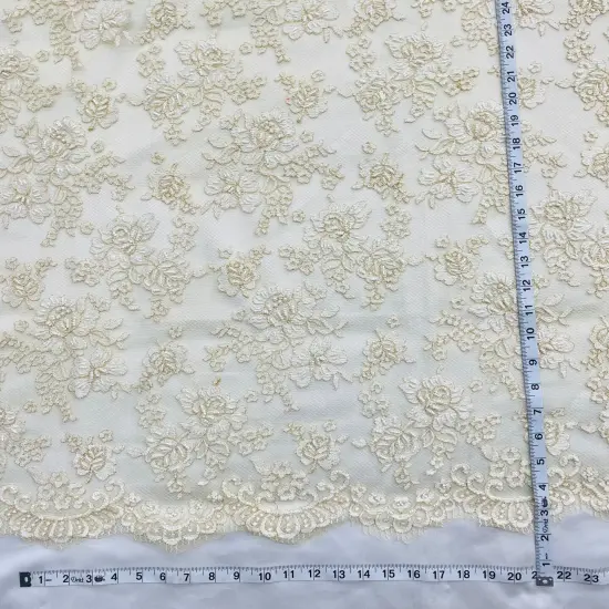 1 Yard Elegant Beaded Lace Fabric Embroidered on 100% Polyester Net Mesh Ivory with Gold 54" Width {5}