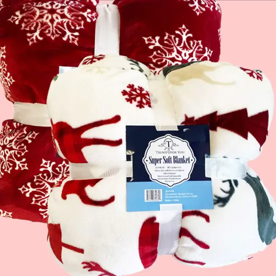50x60" Sherpa Winter Throw Blanket Red Snowflake & White Deer Design, Ultra-Soft Flannel {4}